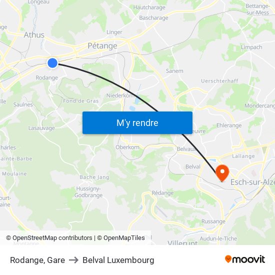 Rodange, Gare to Belval Luxembourg map