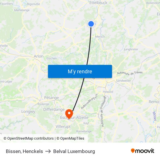 Bissen, Henckels to Belval Luxembourg map