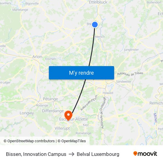 Bissen, Innovation Campus to Belval Luxembourg map