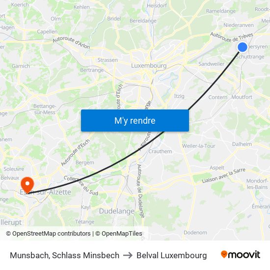 Munsbach, Schlass Minsbech to Belval Luxembourg map
