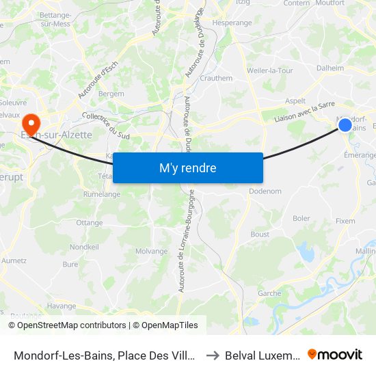 Mondorf-Les-Bains, Place Des Villes Jumelées to Belval Luxembourg map