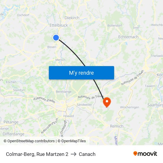 Colmar-Berg, Rue Martzen 2 to Canach map