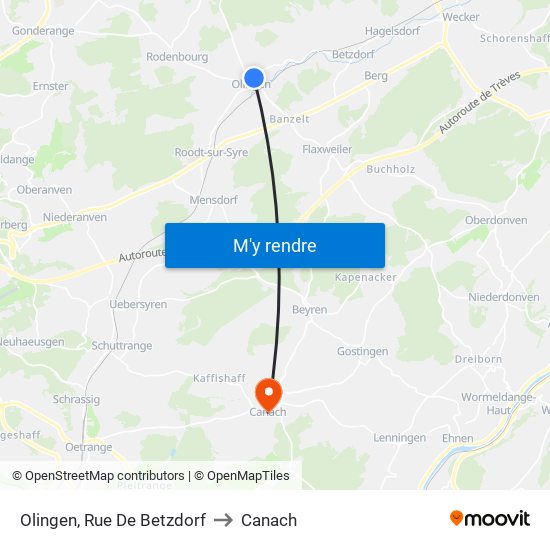 Olingen, Rue De Betzdorf to Canach map