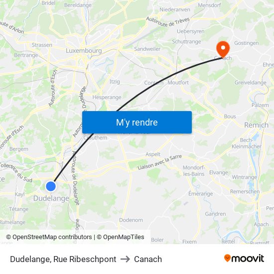 Dudelange, Rue Ribeschpont to Canach map