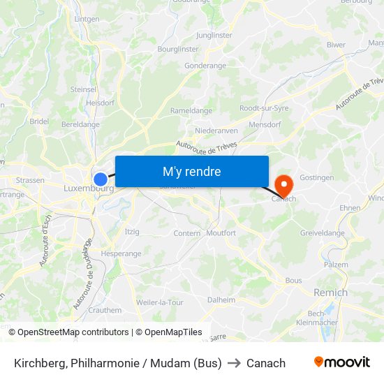 Kirchberg, Philharmonie / Mudam (Bus) to Canach map
