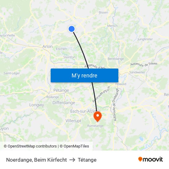 Noerdange, Beim Kiirfecht to Tétange map
