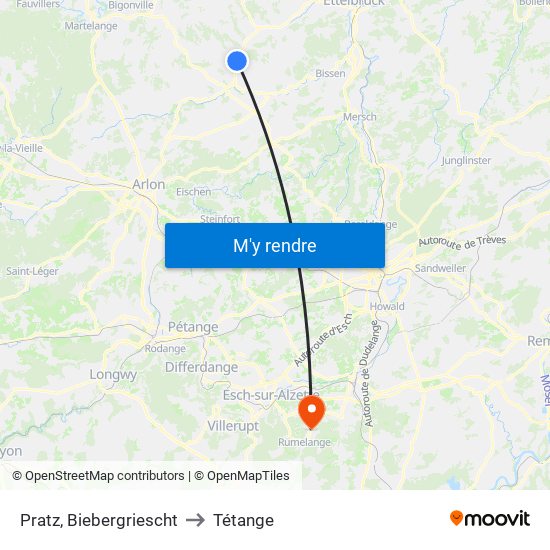 Pratz, Biebergriescht to Tétange map