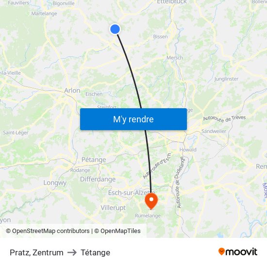 Pratz, Zentrum to Tétange map