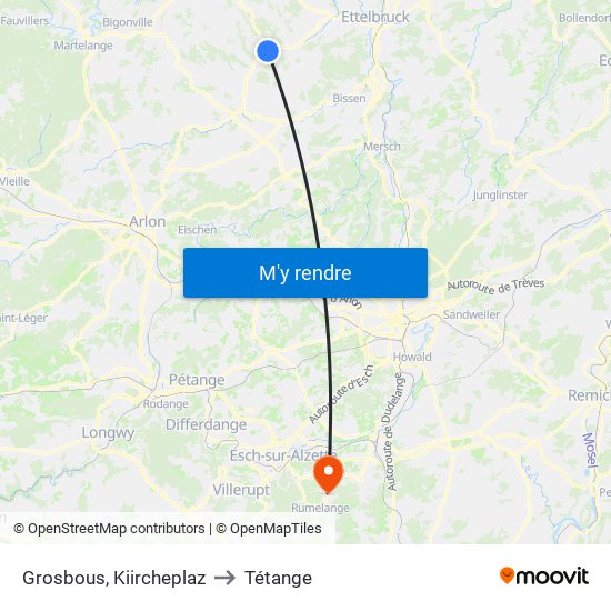 Grosbous, Kiircheplaz to Tétange map