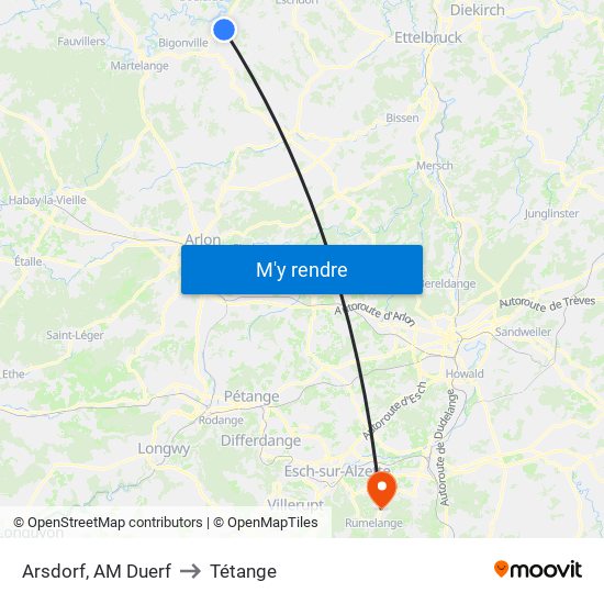 Arsdorf, AM Duerf to Tétange map