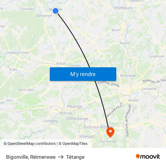 Bigonville, Réimerwee to Tétange map