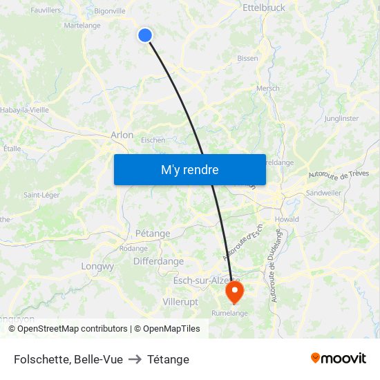 Folschette, Belle-Vue to Tétange map
