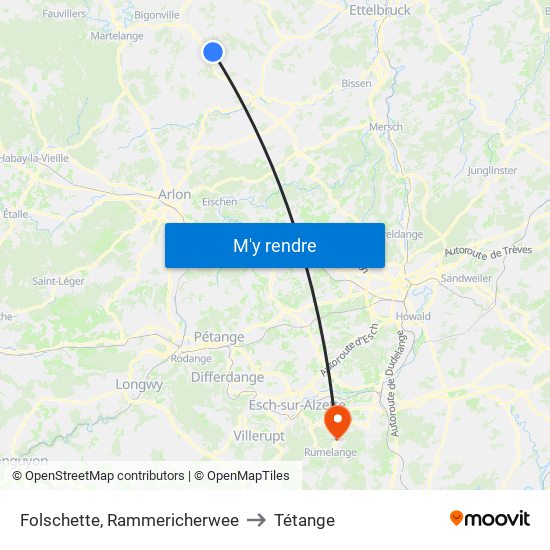 Folschette, Rammericherwee to Tétange map