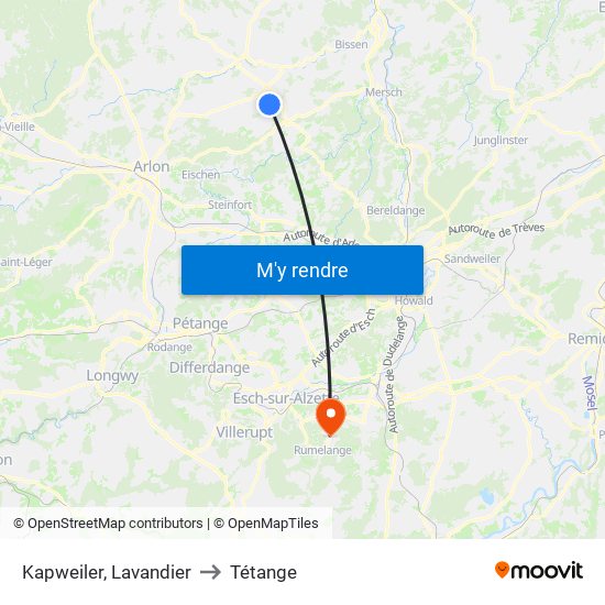 Kapweiler, Lavandier to Tétange map