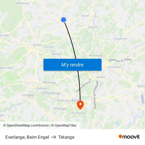 Everlange, Beim Engel to Tétange map