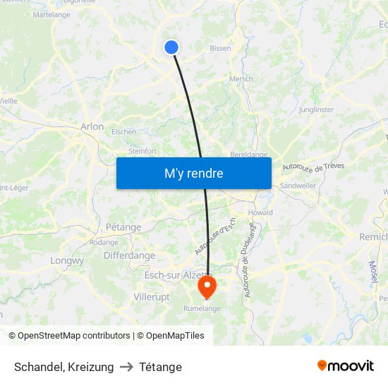 Schandel, Kreizung to Tétange map