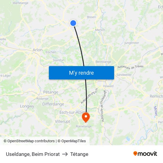 Useldange, Beim Priorat to Tétange map