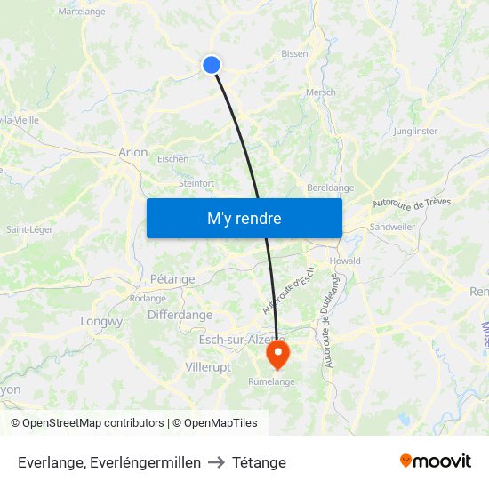 Everlange, Everléngermillen to Tétange map