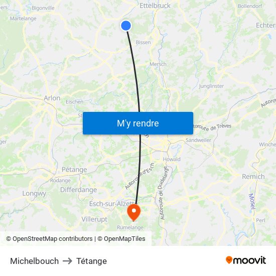 Michelbouch to Tétange map