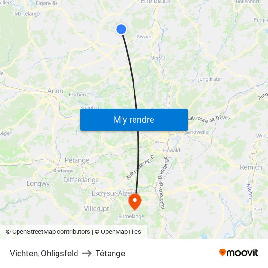 Vichten, Ohligsfeld to Tétange map