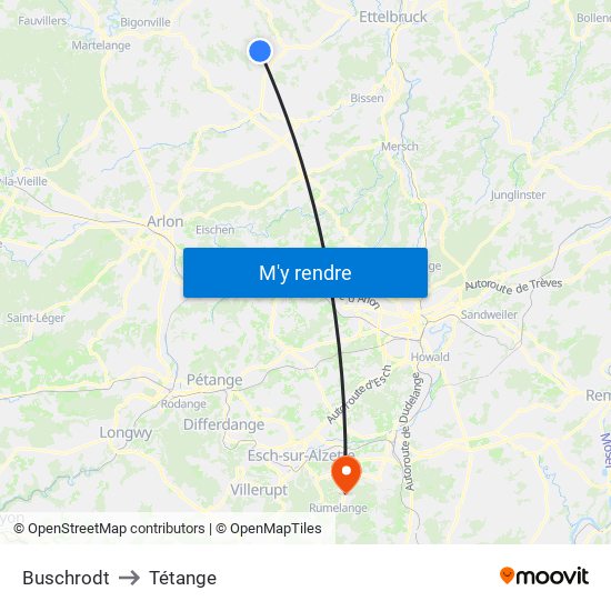 Buschrodt to Tétange map