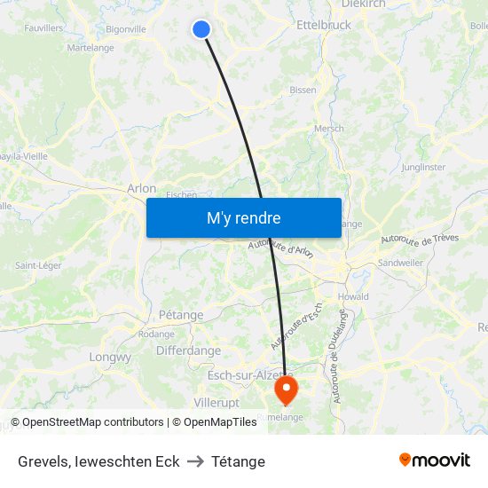 Grevels, Ieweschten Eck to Tétange map