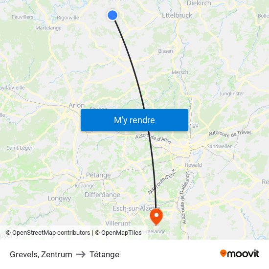 Grevels, Zentrum to Tétange map