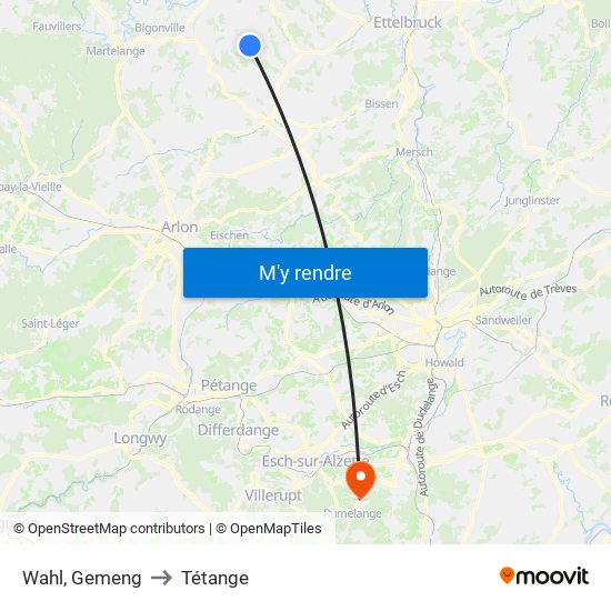 Wahl, Gemeng to Tétange map