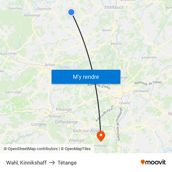 Wahl, Kinnikshaff to Tétange map