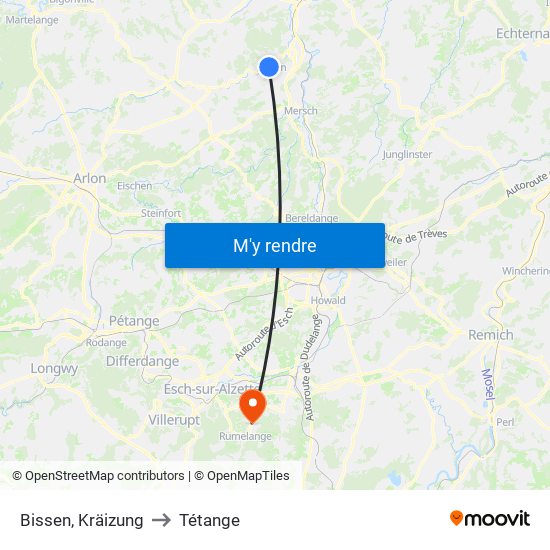 Bissen, Kräizung to Tétange map