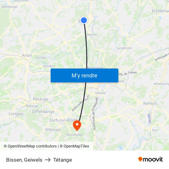 Bissen, Geiwels to Tétange map