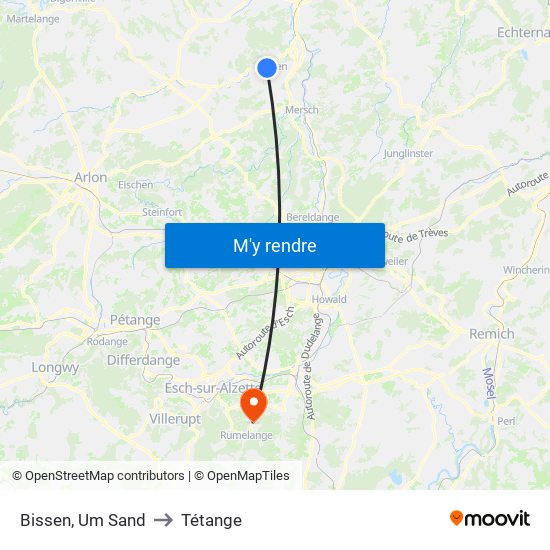 Bissen, Um Sand to Tétange map