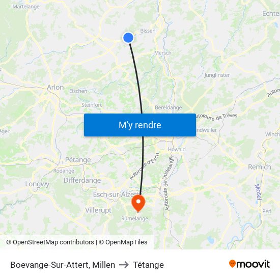 Boevange-Sur-Attert, Millen to Tétange map