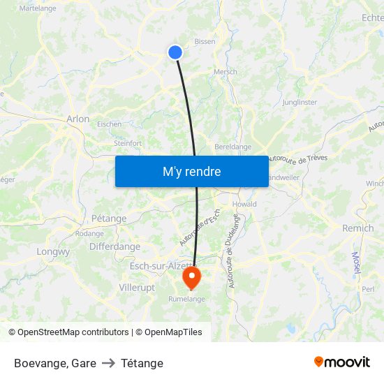 Boevange, Gare to Tétange map