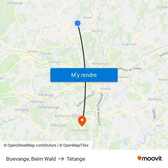 Boevange, Beim Wald to Tétange map