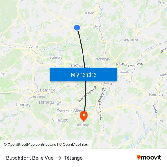 Buschdorf, Belle Vue to Tétange map