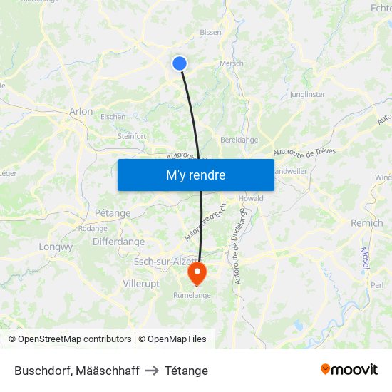 Buschdorf, Määschhaff to Tétange map