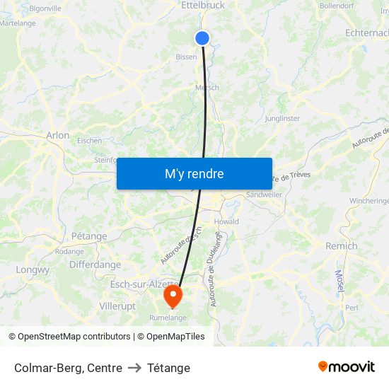 Colmar-Berg, Centre to Tétange map