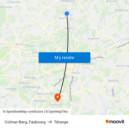 Colmar-Berg, Faubourg to Tétange map