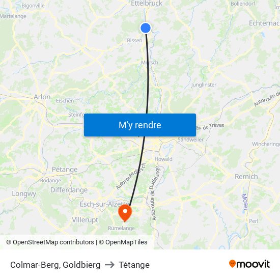 Colmar-Berg, Goldbierg to Tétange map