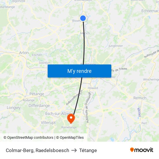 Colmar-Berg, Raedelsboesch to Tétange map