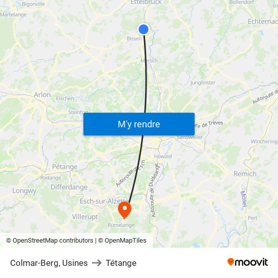 Colmar-Berg, Usines to Tétange map