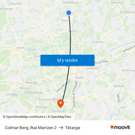 Colmar-Berg, Rue Martzen 2 to Tétange map