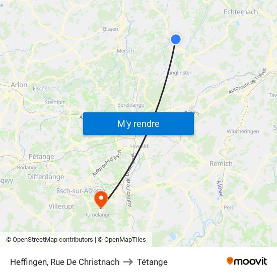 Heffingen, Rue De Christnach to Tétange map