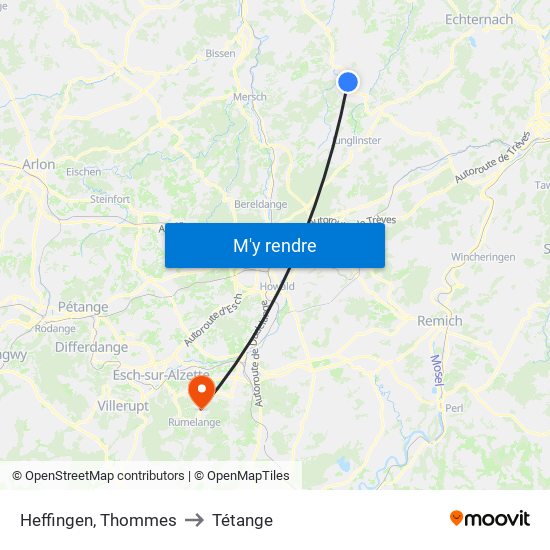 Heffingen, Thommes to Tétange map