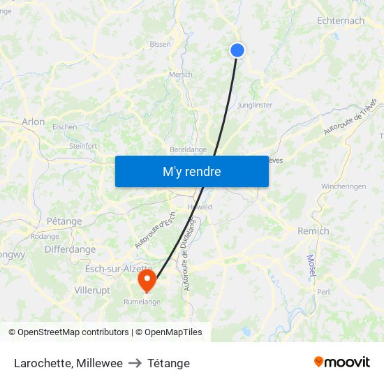 Larochette, Millewee to Tétange map