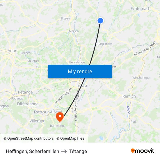 Heffingen, Scherfemillen to Tétange map