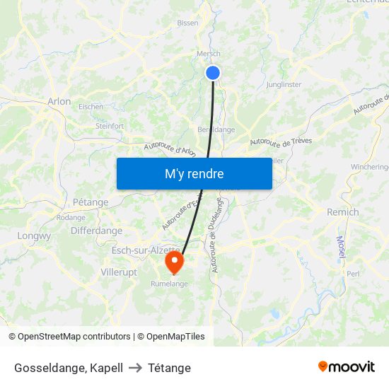 Gosseldange, Kapell to Tétange map