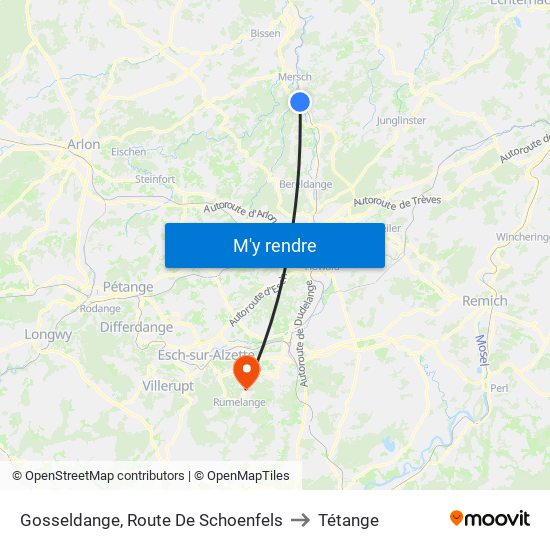 Gosseldange, Route De Schoenfels to Tétange map