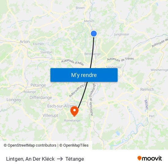 Lintgen, An Der Kléck to Tétange map